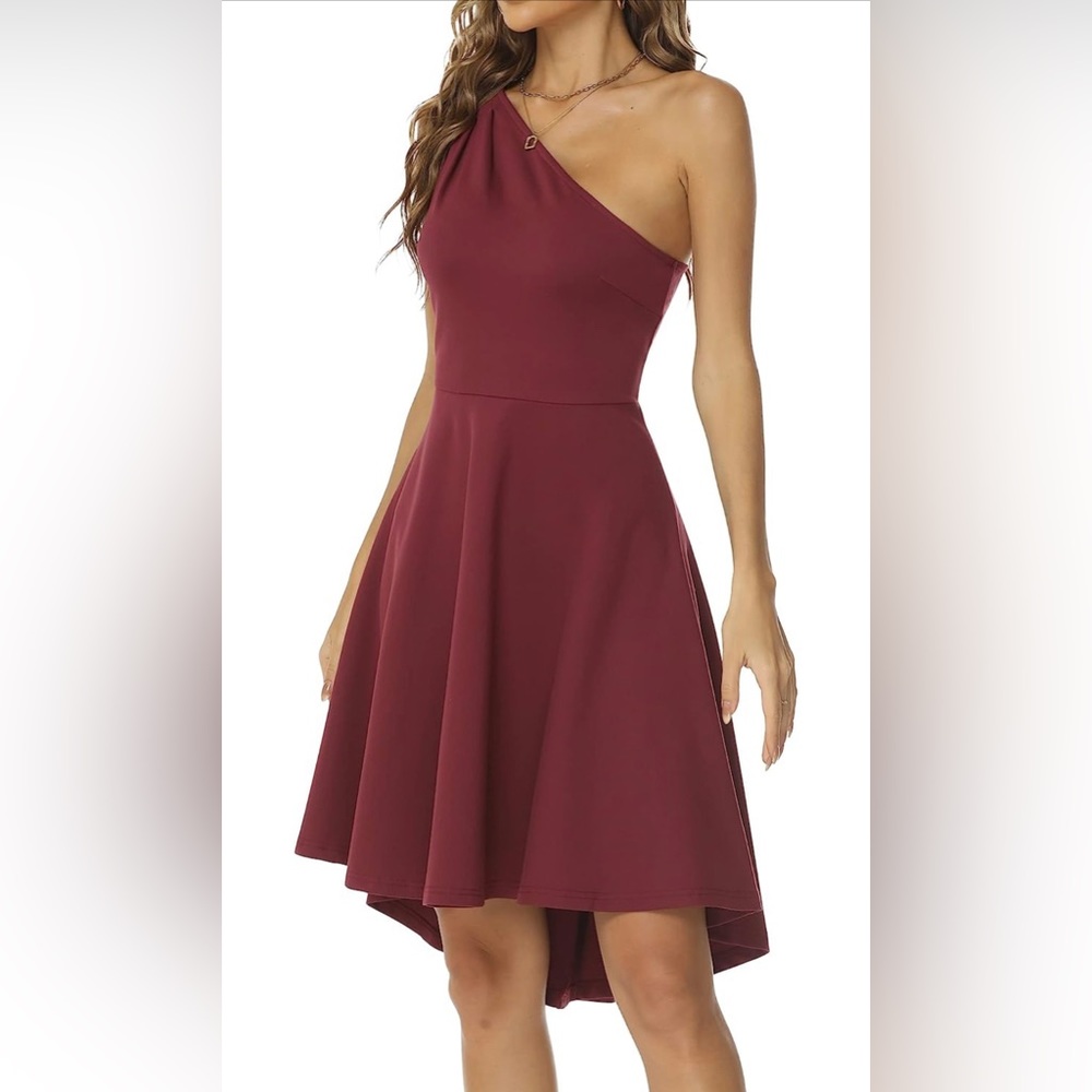 Size L Sarin Mathews One Shoulder High Low A-Line Burgundy Dress $43